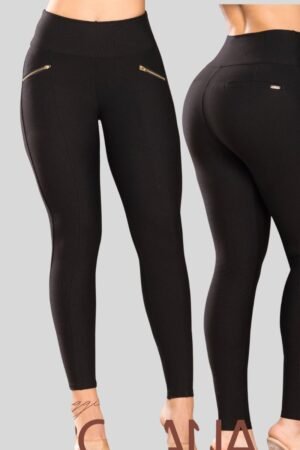 LEGGINS NEGRO CON CREMALLERA DORADA Y PRETINA ALTA